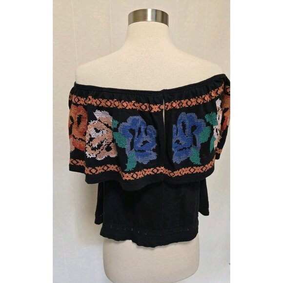 Free People Cross Stitch Embroidered Top Size XS Black Off Shoulder - Picture 5 of 9